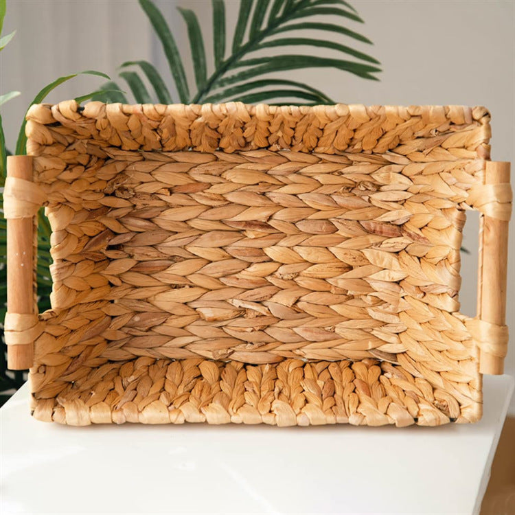 Braided storage basket with wooden handles