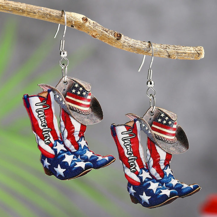 Ladies' lightweight wooden earrings in airplane jet design with patriotic motif and hypoallergenic fish hook Bowlift