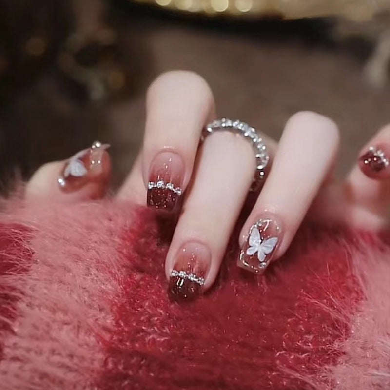Elegant Ombre Press-On Nail Set with Floral and Rhinestone Accents Bowlift