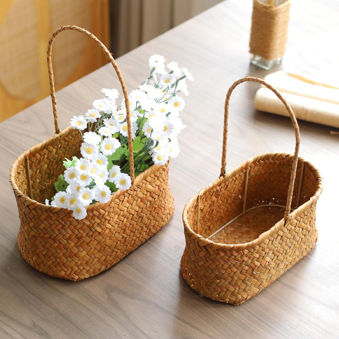 Handwoven Natural Fiber Storage Basket with Double Divider Bowlift