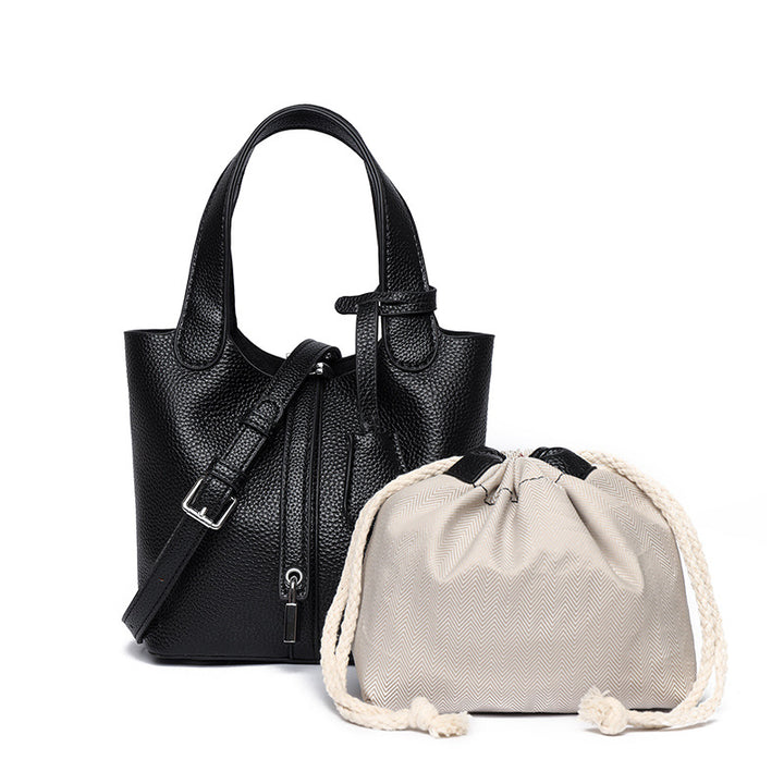 Dual-Compartment Textured Leather Tote Bag Bowlift