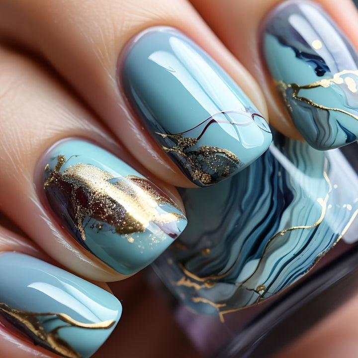 Luxury artificial nails with maritime marble design Bowlift