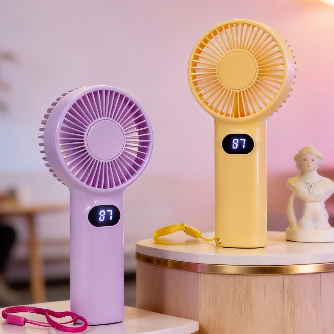 Ladies Portable Hand Fan with Digital Display and Rechargeable Battery Bowlift