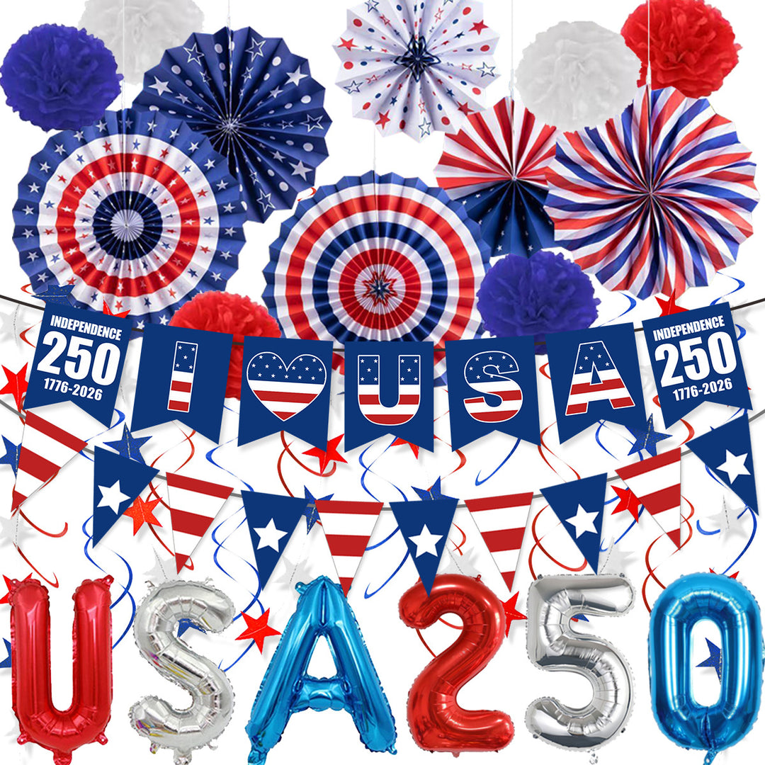 Unisex nan patriotic party decoration set with paper fans bunting pom poms star garlands and foil letter balloons Bowlift