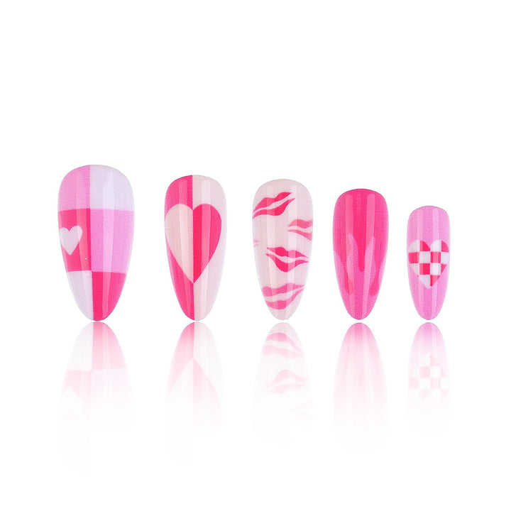 Artistic Press-On Nail Set with Heart and Flame Design Bowlift