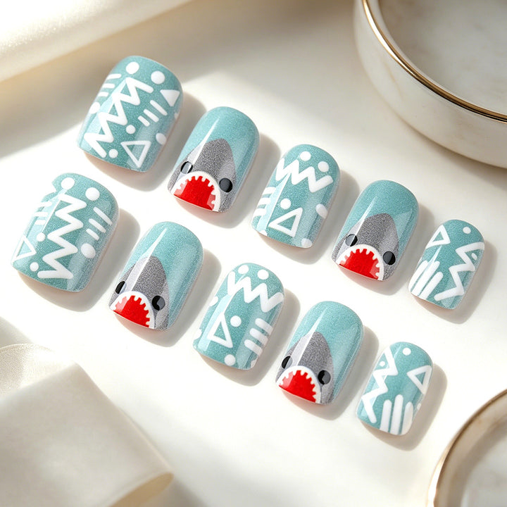 Artistic Shark-Themed Press-On Nail Design Bowlift