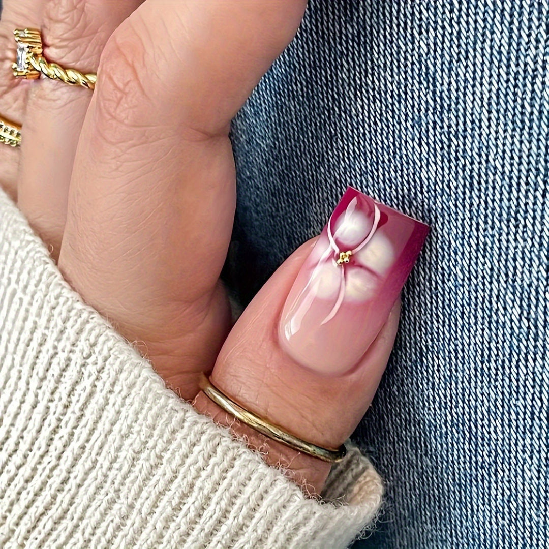 Artistic Gel Nail Extensions with Floral Design Bowlift