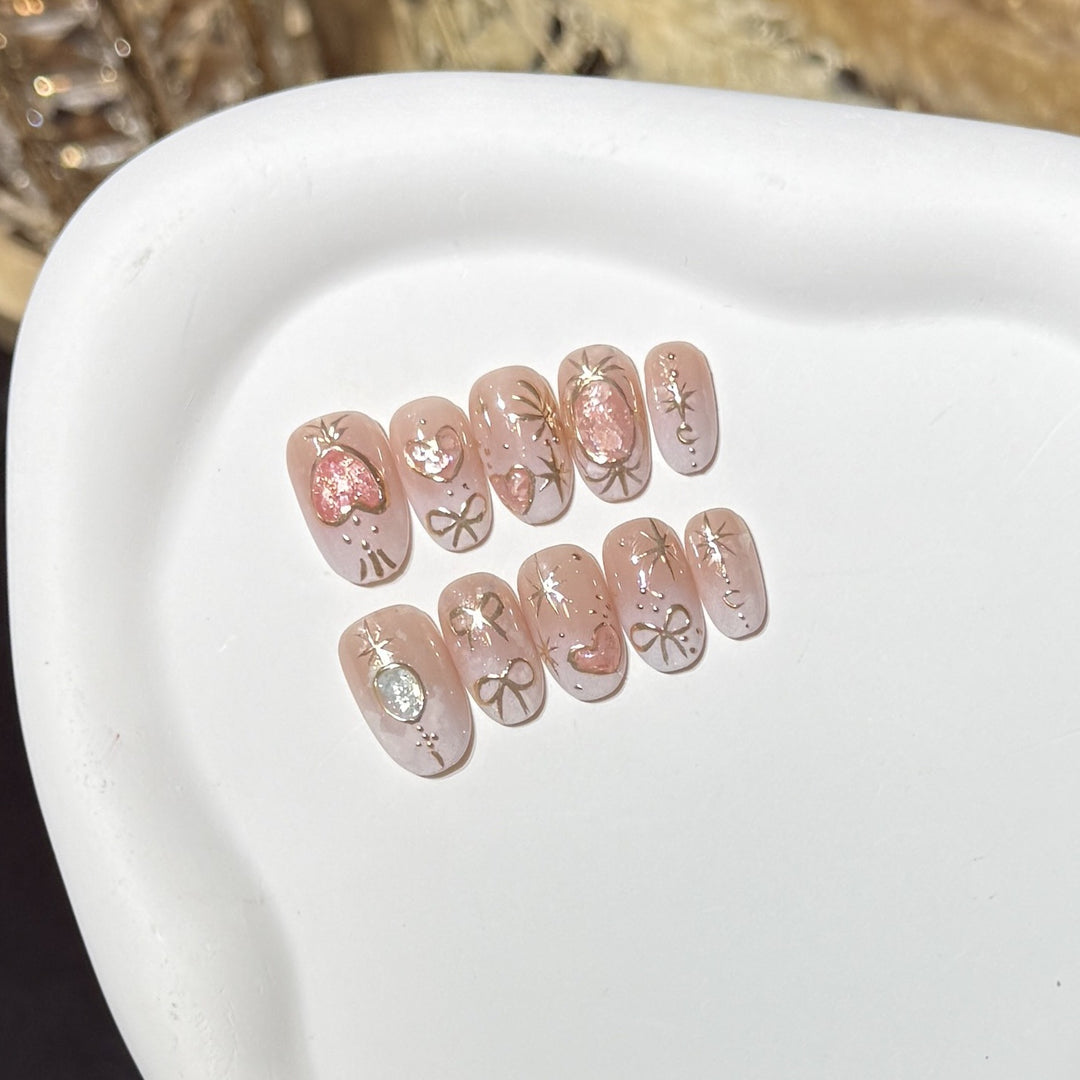 Decorative Press-On Nail Art Set with Heart and Glitter Accents Bowlift