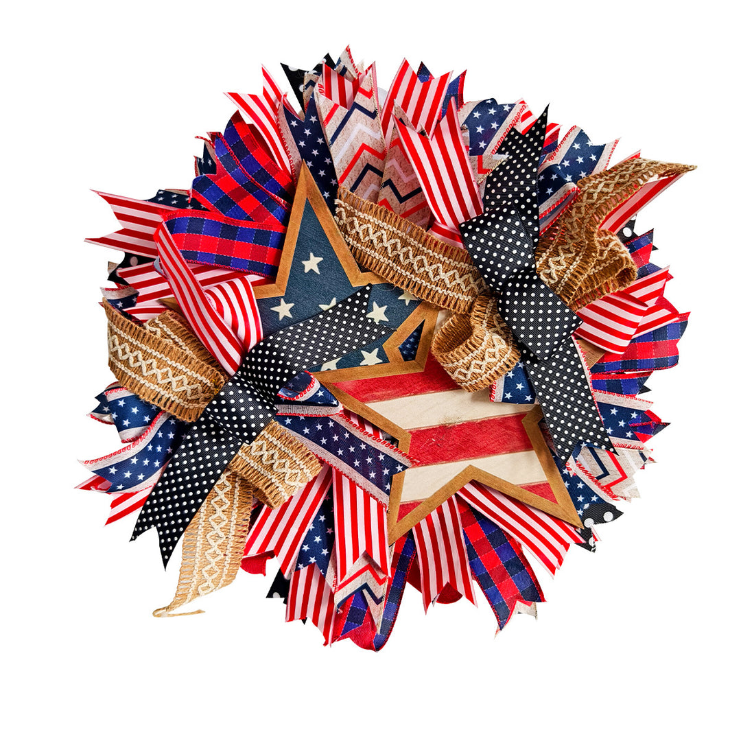Unisex nan more patriotic USA-inspired door wreath with wooden star and multicolored ribbon arrangements Bowlift