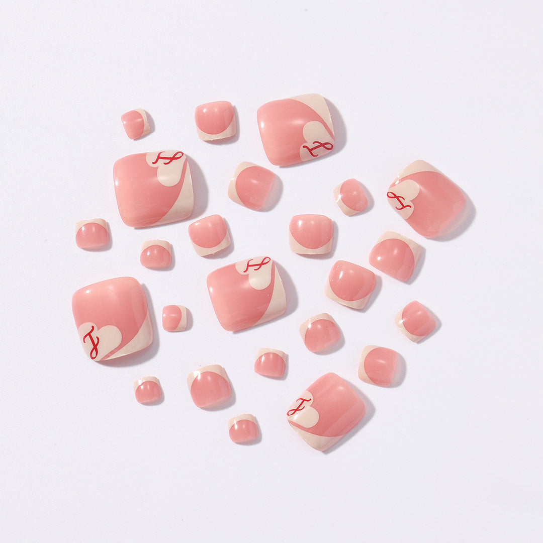 Artificial nail set with elegant French tips and romantic heart designs Bowlift