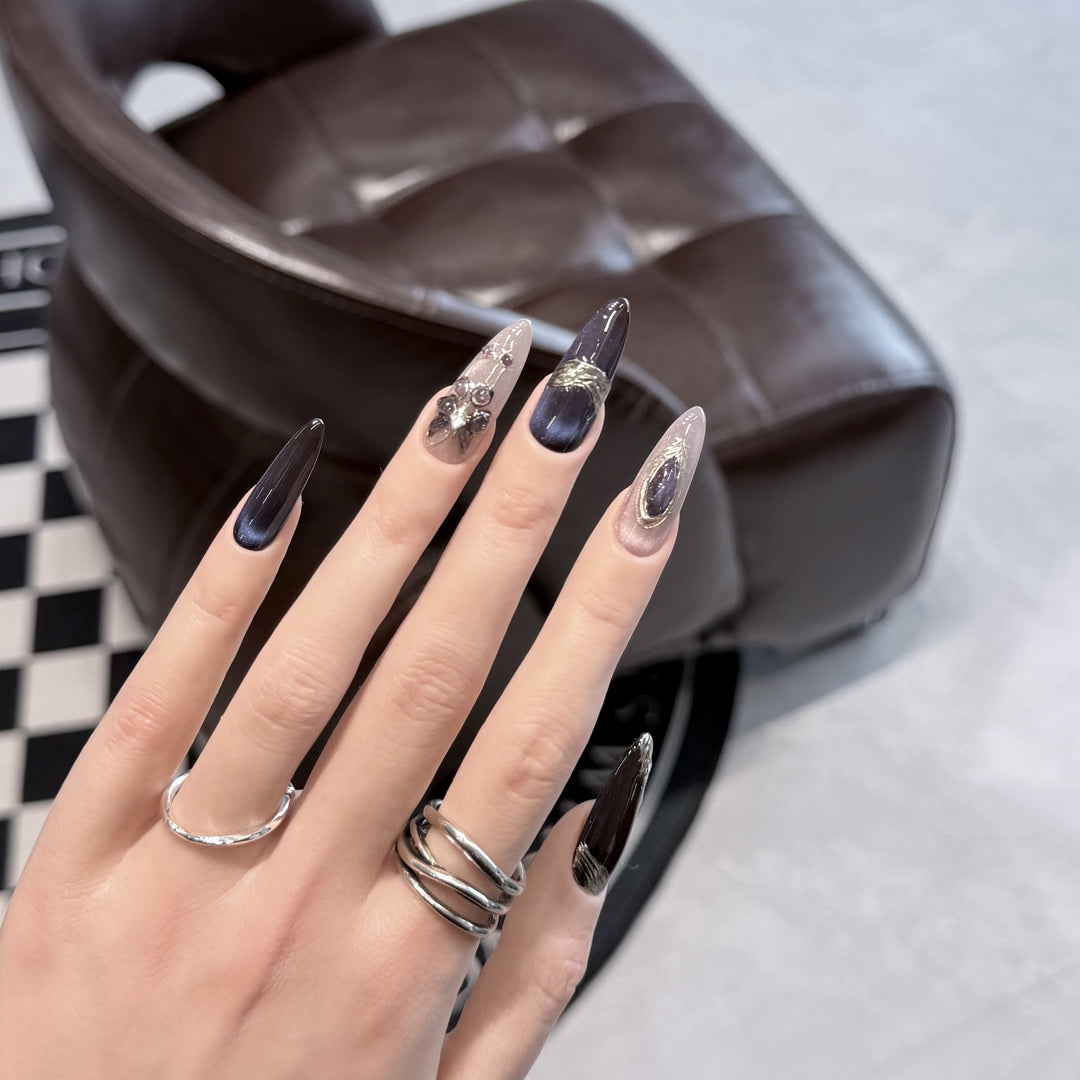 Elegant Stiletto Press-On Nail Art Set with Gemstone Accents Bowlift