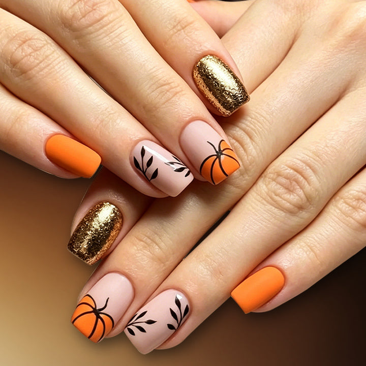 Decorative Press-On Nail Art Set with Pumpkin Design Bowlift