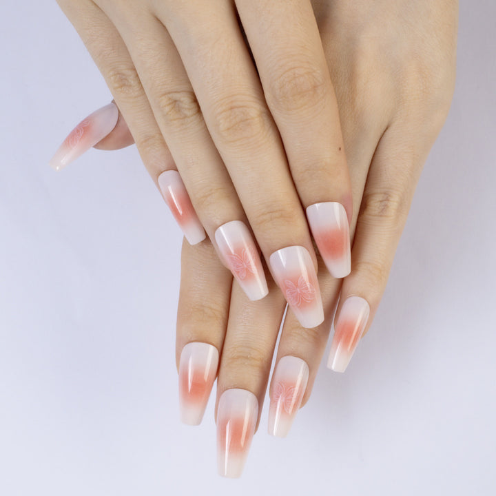 Trendy Artificial Nails with Ombre Effect and Butterfly Designs Bowlift