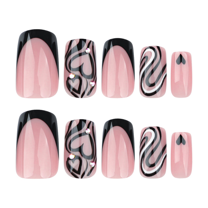 Artful Nail Extensions with Creative Heart and Wave Pattern Bowlift
