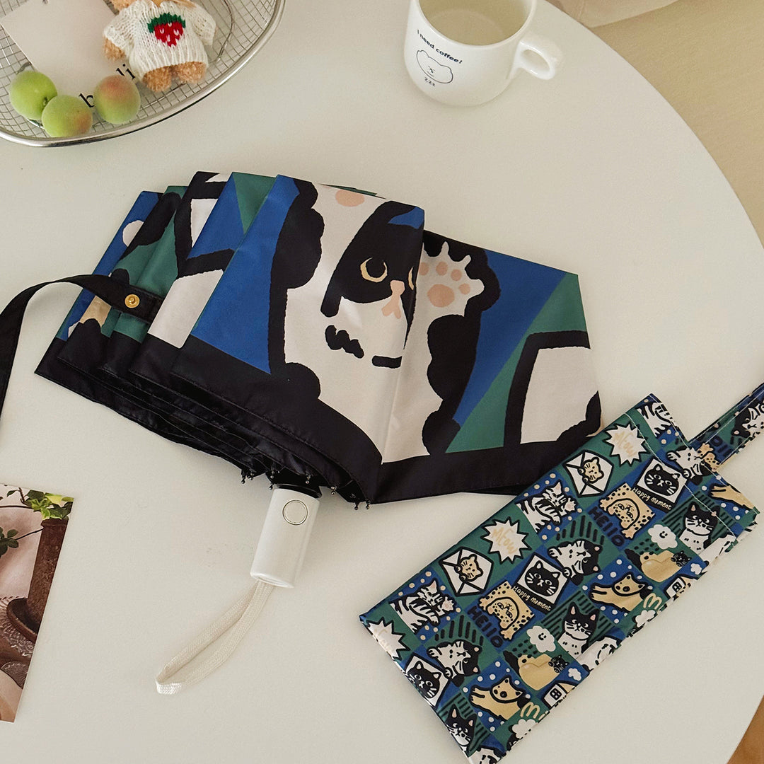 Women's Foldable Umbrella with Playful Cat Pattern Bowlift