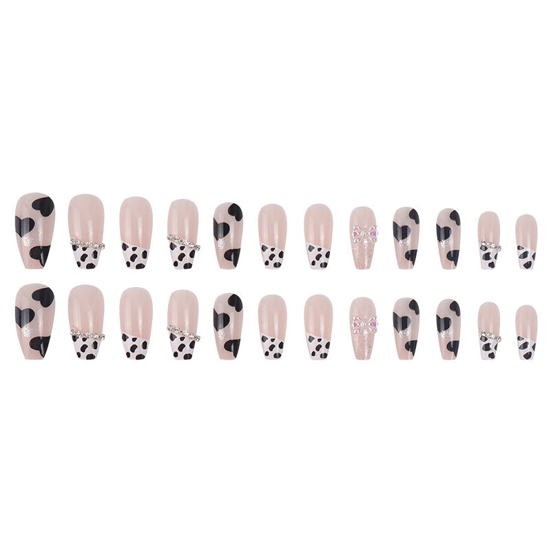 Cow Print Press-On Nails with Bow and Glitter Accent Bowlift