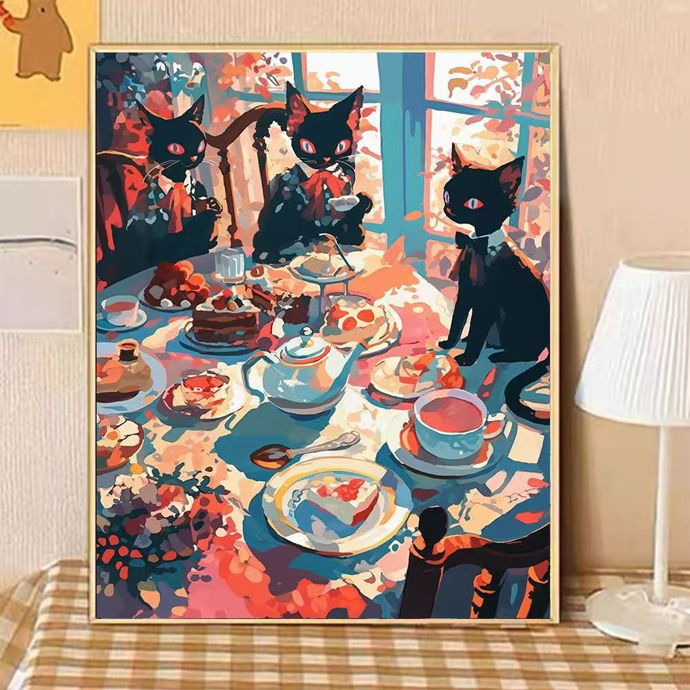 Whimsical Cat-Themed Afternoon Tea Canvas Art Bowlift