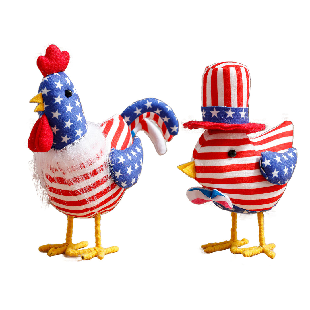Unisex nan decorative plush rooster in Americana design with star pattern and standing wire legs Bowlift