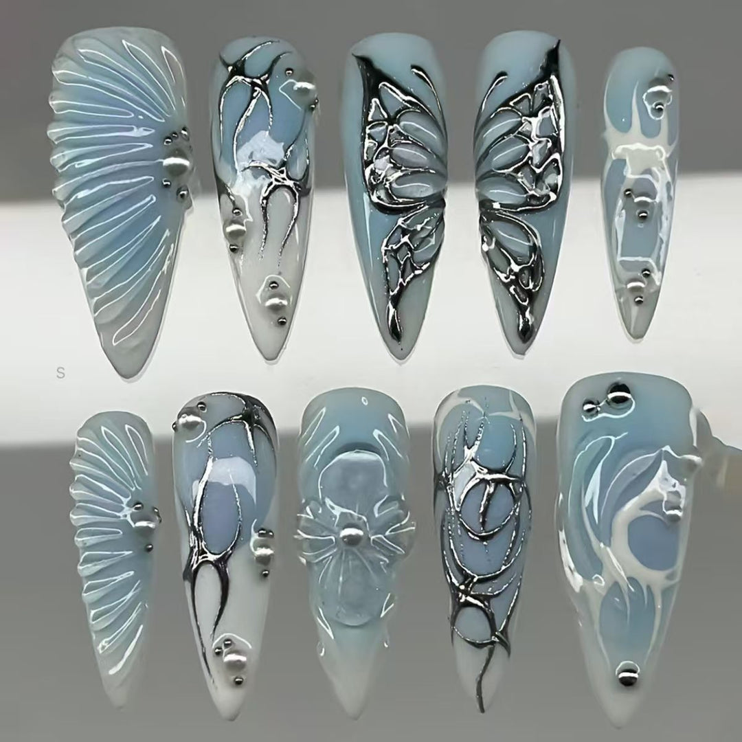 Artistic Floral and Metallic Press-On Nails Bowlift