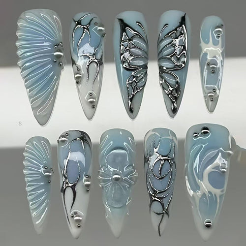 Artistic Floral and Metallic Press-On Nails Bowlift