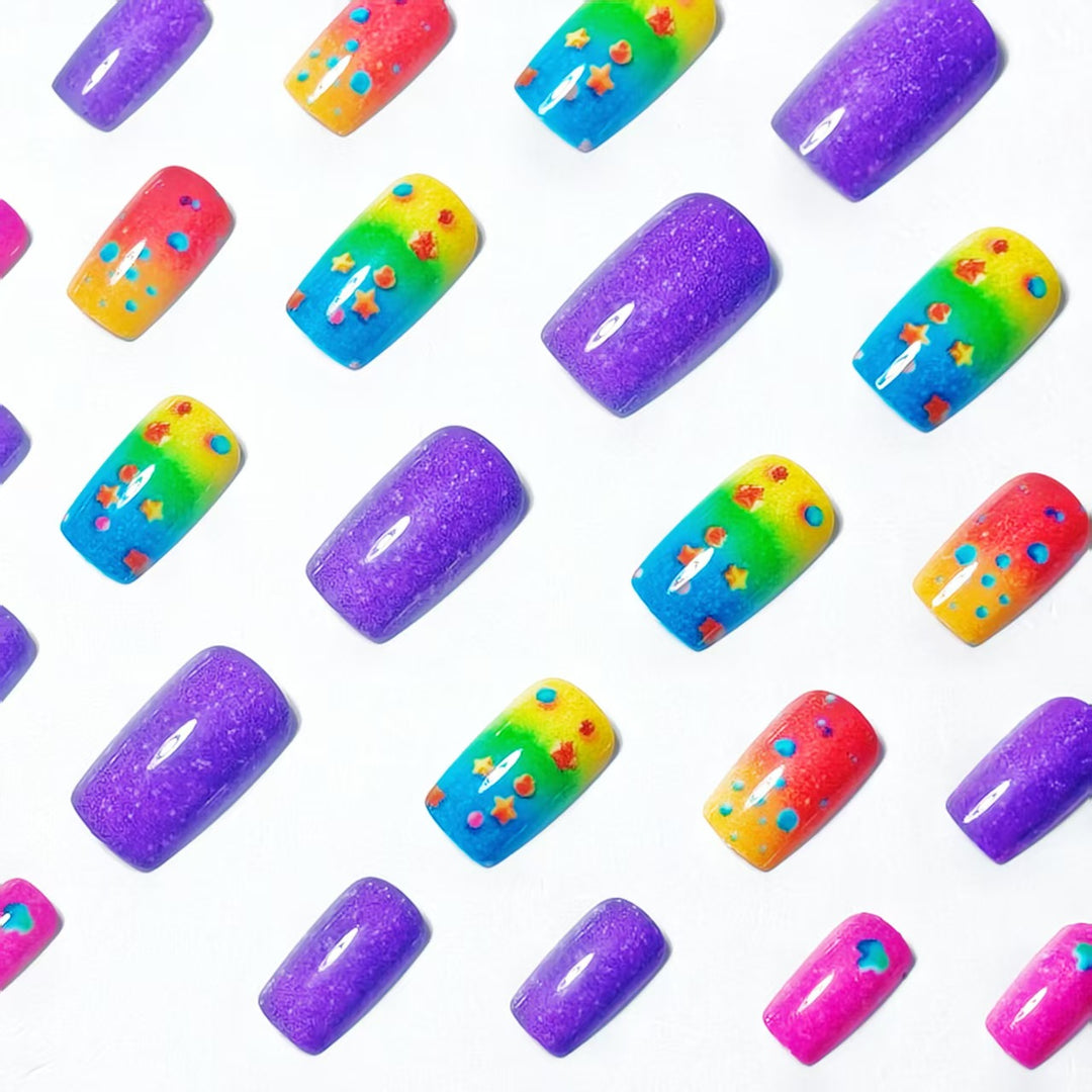 Creative art nails with sparkling rainbow design and 3D applications Bowlift