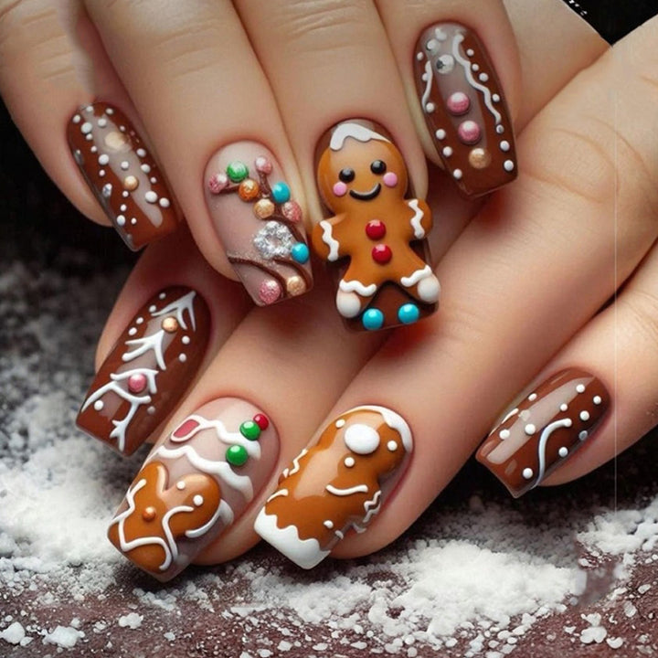 Festive Gingerbread-Themed Press-On Nail Art Bowlift