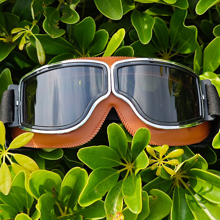 Polarized Mirrored Motorcycle Goggles with Leather Trim and Padded Foam Seal Bowlift