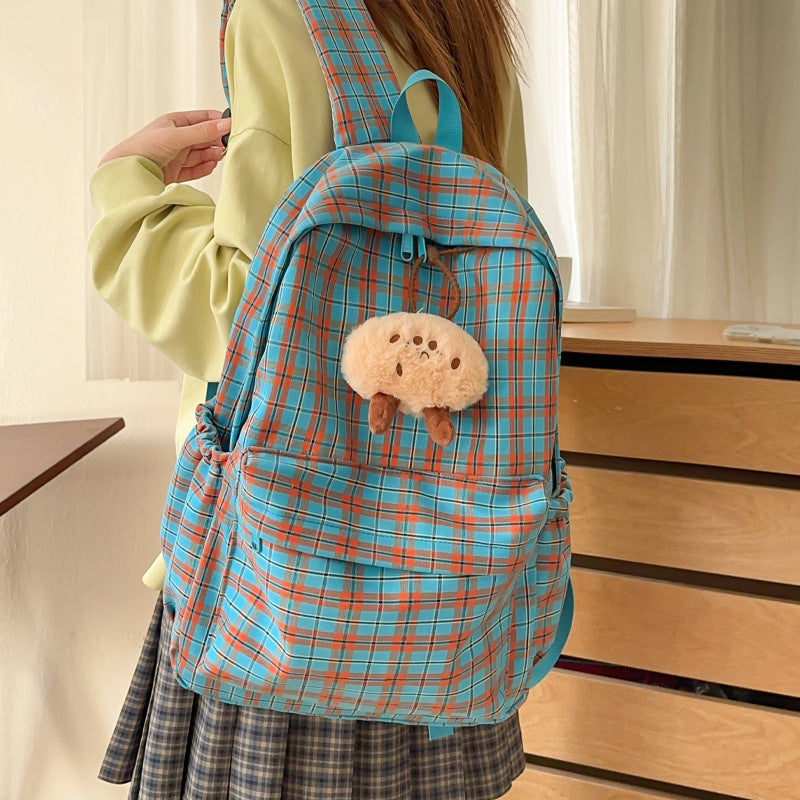 Backpack with Practical Check Pattern and Cute Plush Pendant Bowlift