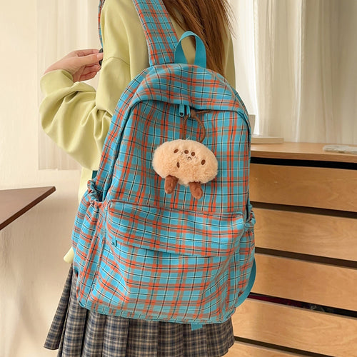 Backpack with Practical Check Pattern and Cute Plush Pendant Bowlift