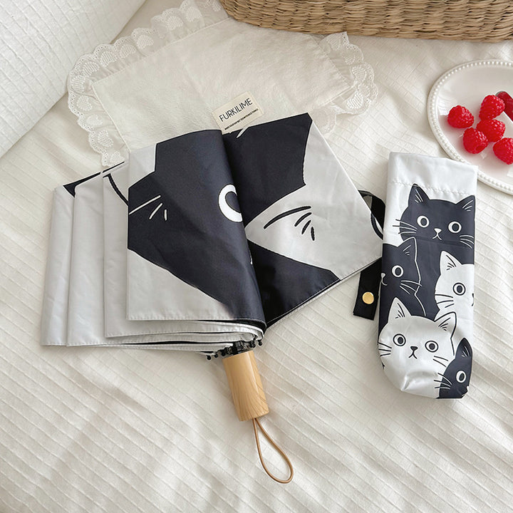 Women Folding Umbrella with Playful Cat Pattern Bowlift