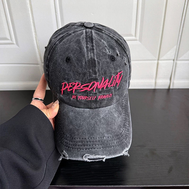 Distressed Cotton Baseball Cap with Motivational Embroidery