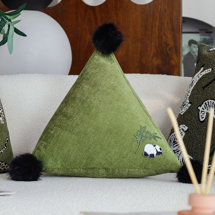 Triangular Decorative Back Cushion with Panda Embroidery and Fluffy Pom Poms Bowlift