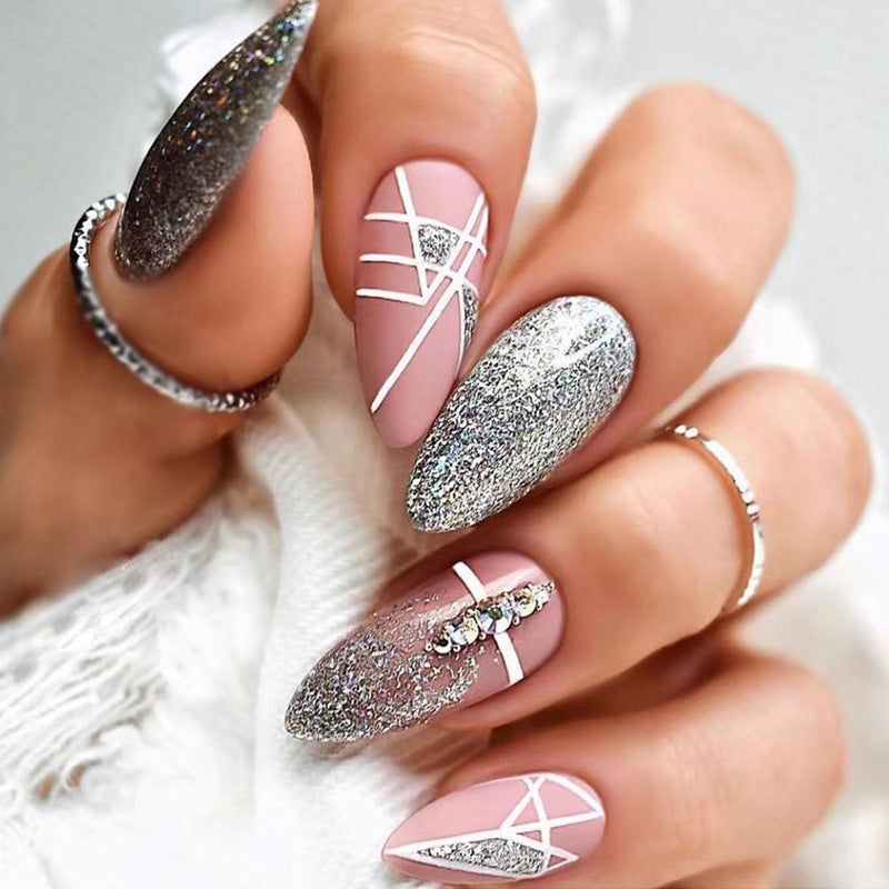 Artful nail extensions with glitter and geometric designs Bowlift