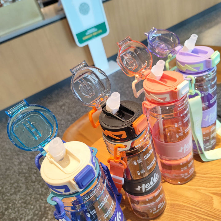 Women's large sports water bottle with motivational time markings Bowlift
