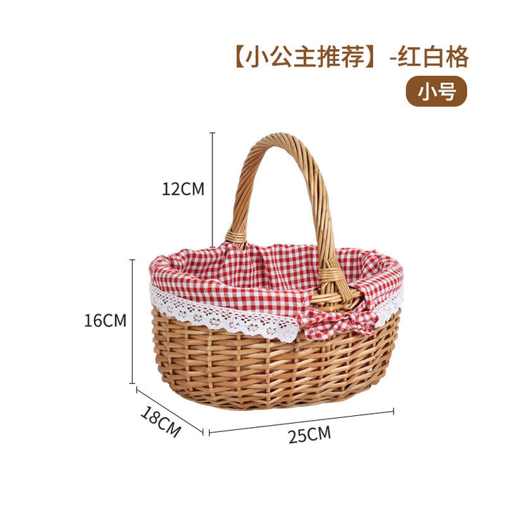 Women's braided basket with checkered fabric insert and decorative lace embellishment Bowlift