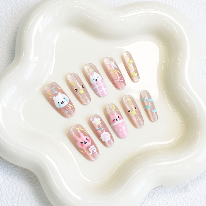Artistic Press-On Nail Set with Elegant Floral and Decorative Accents Bowlift