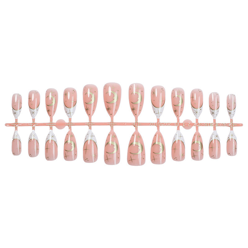 Artistic Press-On Nail Set with Geometric Moon and Star Designs Bowlift