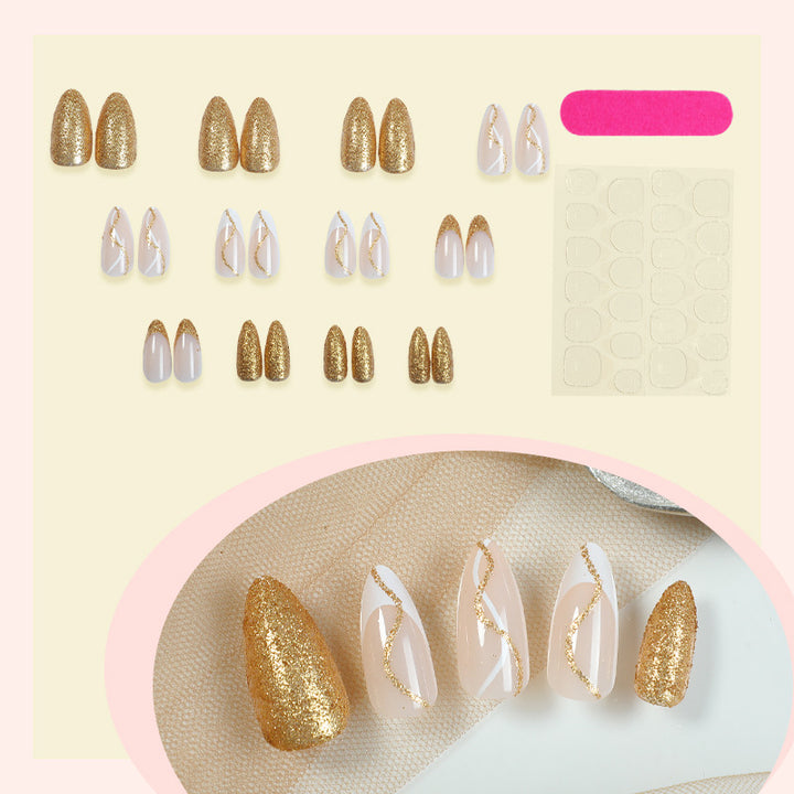 Elegant Press-On Nail Set with Glitter and Gold Swirl Accents Bowlift