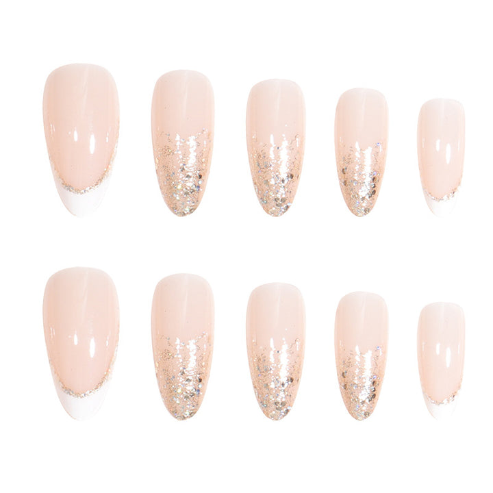 Elegant Stiletto Press-On Nail Set with Glitter and French Tip Bowlift