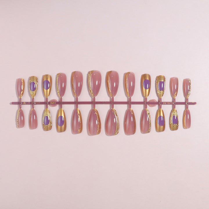 Artistic Press-On Nail Set with Gold and Purple Accents Bowlift