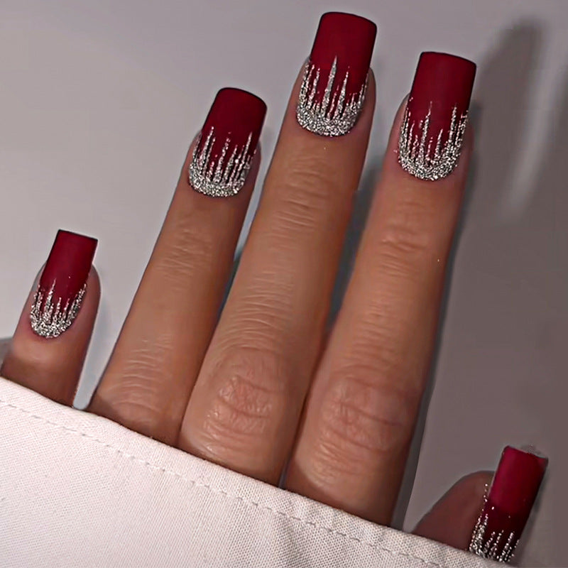 Artistic Press-On Nail Set with Silver Drip Design Bowlift