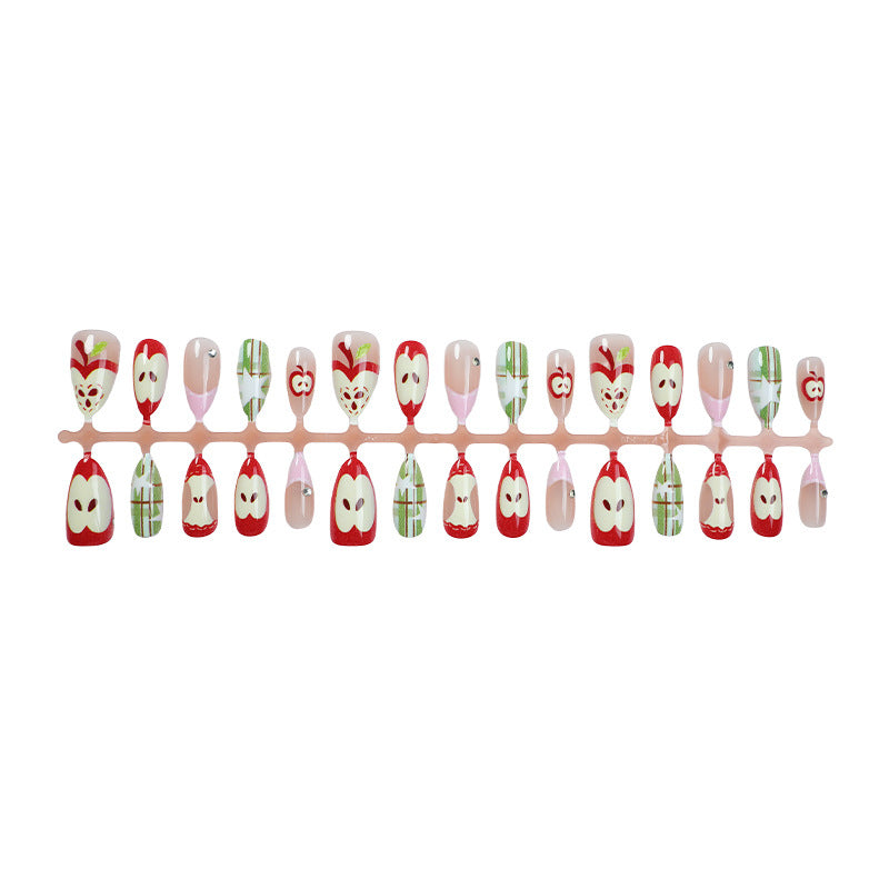 Artificial nail set with cheerful apple and star pattern Bowlift