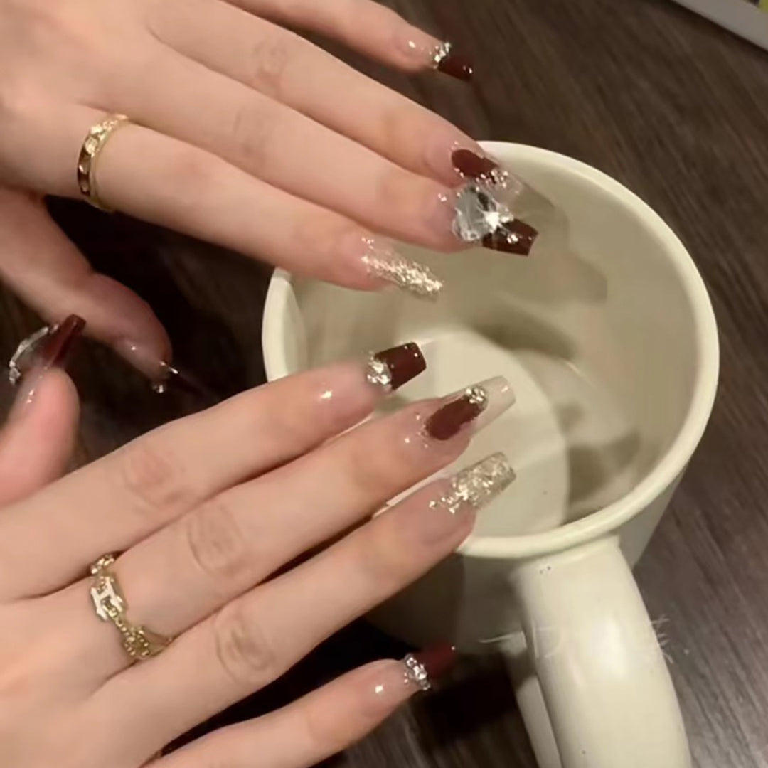 Decorative Press-On Acrylic Nails with Glitter and Gem Accents Bowlift