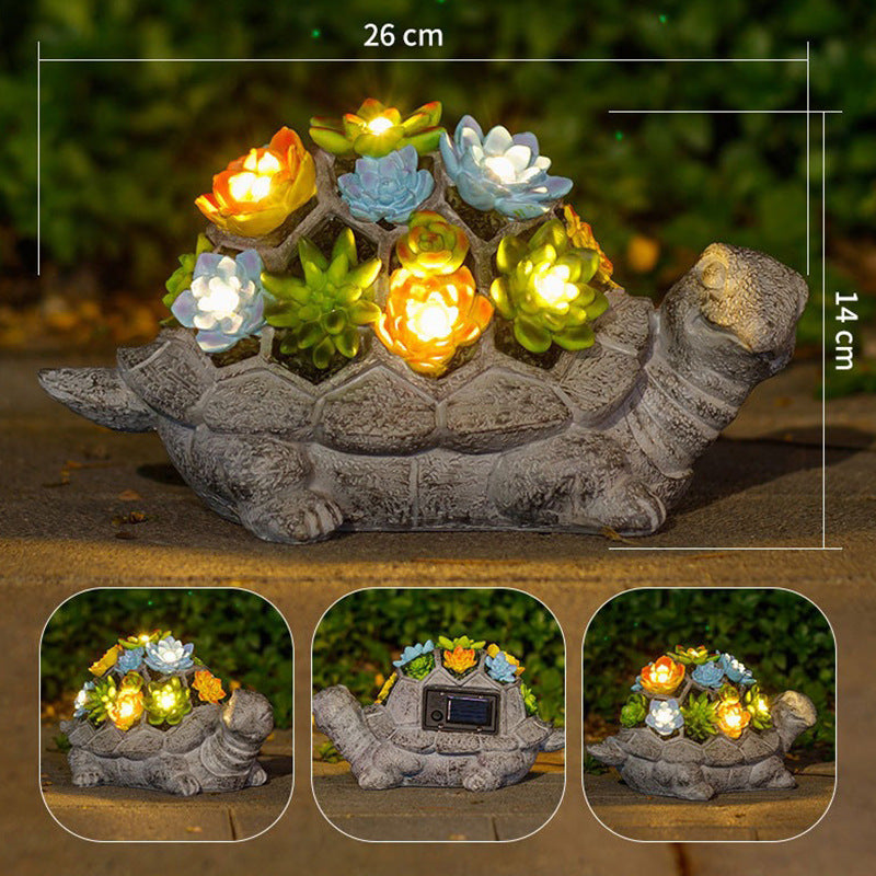 Solar Turtle Succulent Planter With LED Lights Textured Resin Garden Statue Bowlift