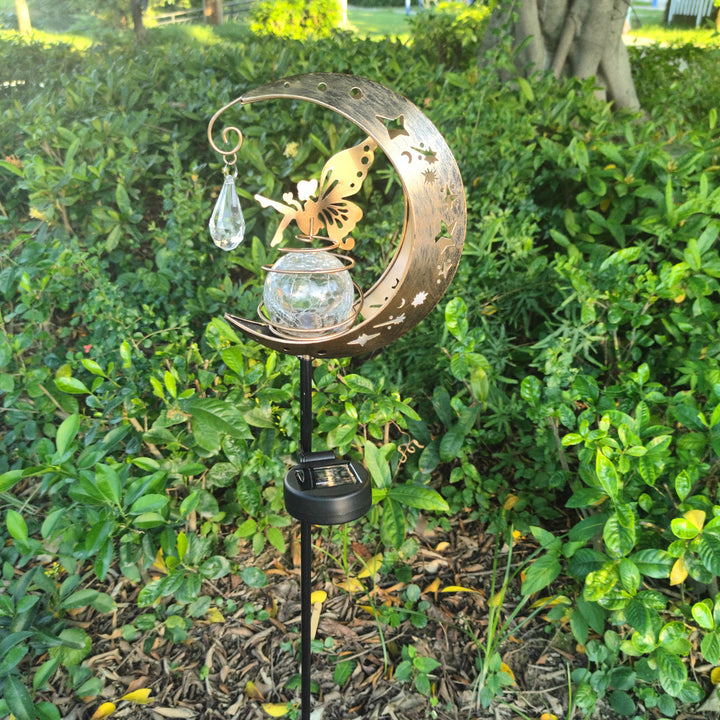 Decorative Crescent Moon Solar Garden Stake Lamp With Hanging Crystal Orb And Butterfly Bowlift