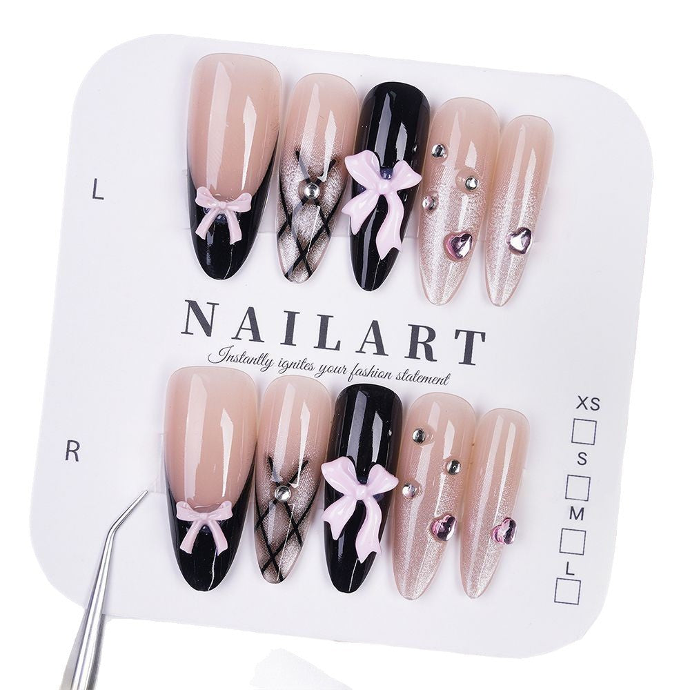 Unique Artistic Press-On Nail Set with Rhinestone and Bow Designs Bowlift