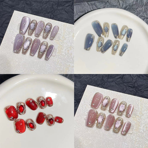 Elegant Press-On Nail Set with Artistic Metallic Design Bowlift