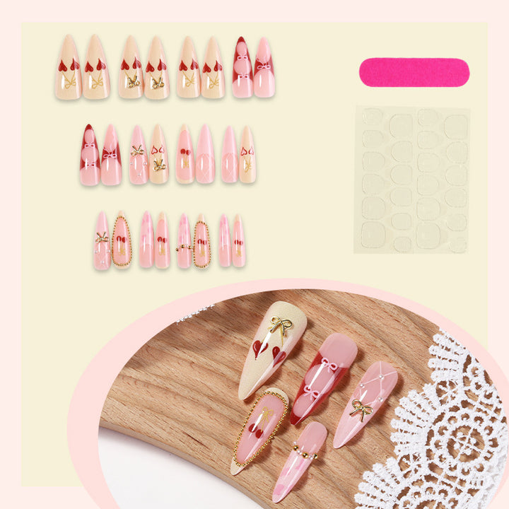 Elegant Decorative Press-On Nail Set with Bow and Heart Designs Bowlift