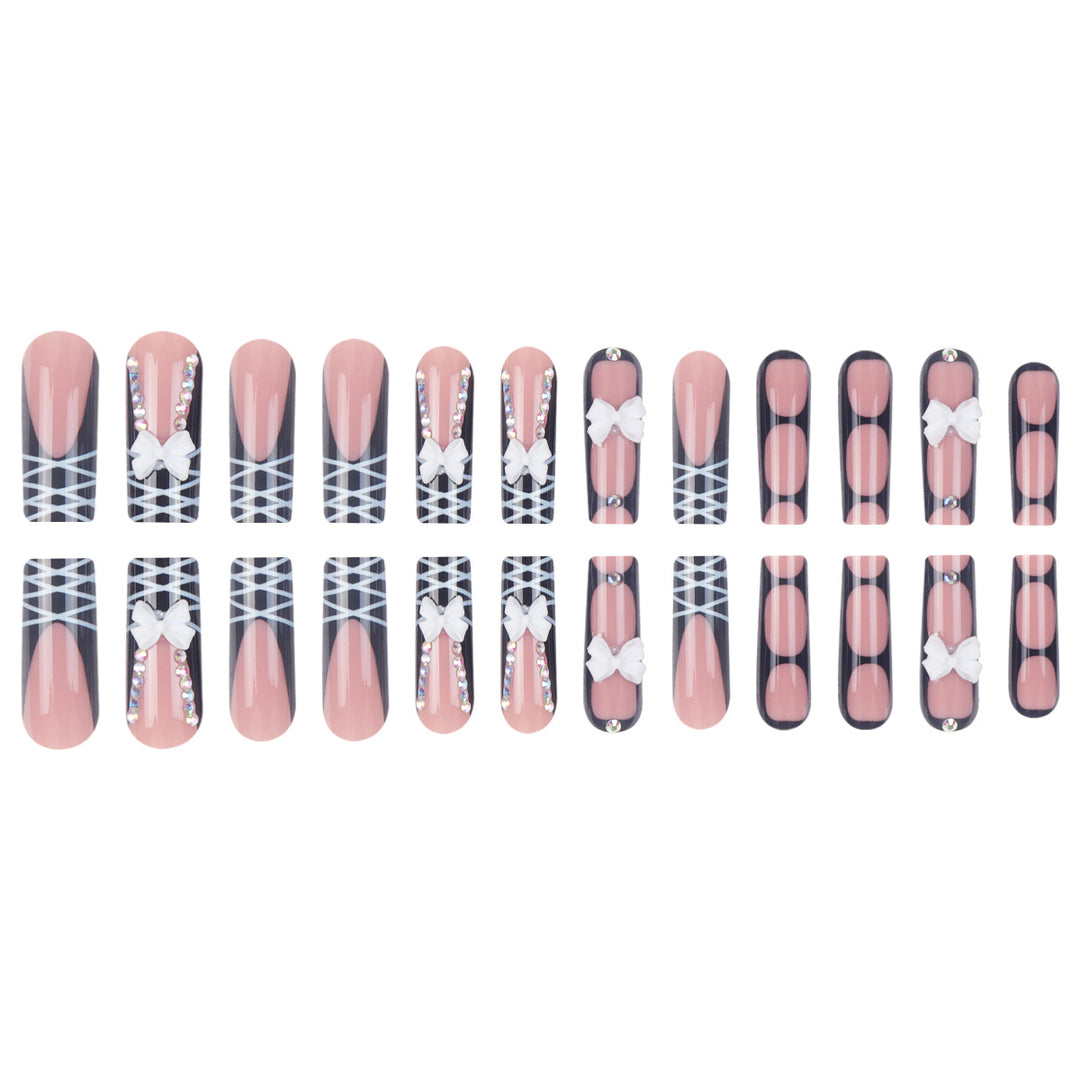 Stiletto Press-On Nail Set with Decorative Bow and Gem Accents Bowlift