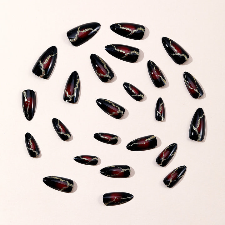 Glossy Stiletto Nail Art Extensions with Gold Accents Bowlift